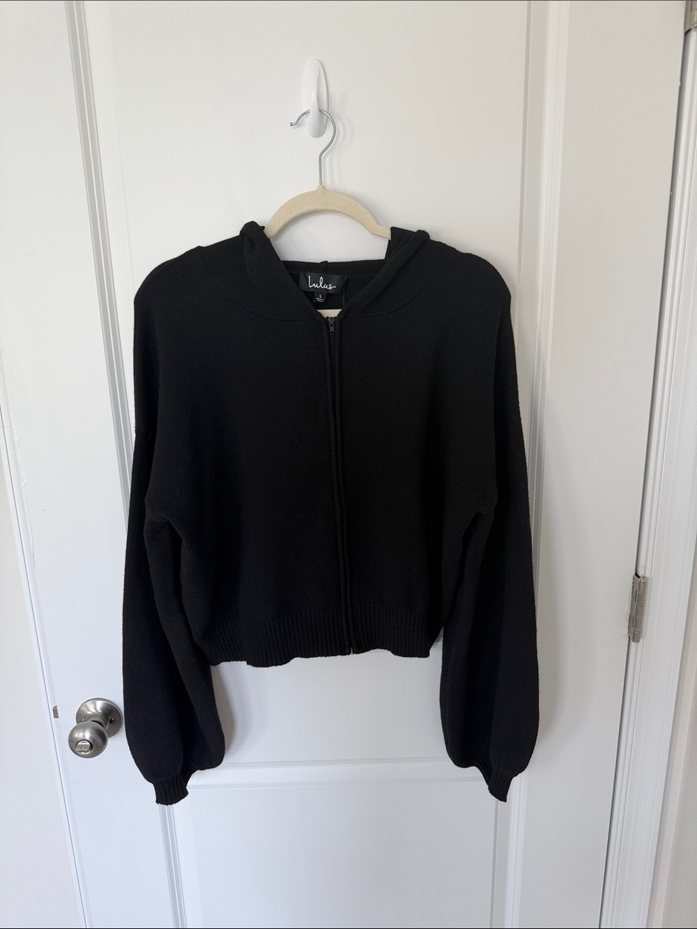 Lulu's Black Knit Hooded Zip-Up Bomber